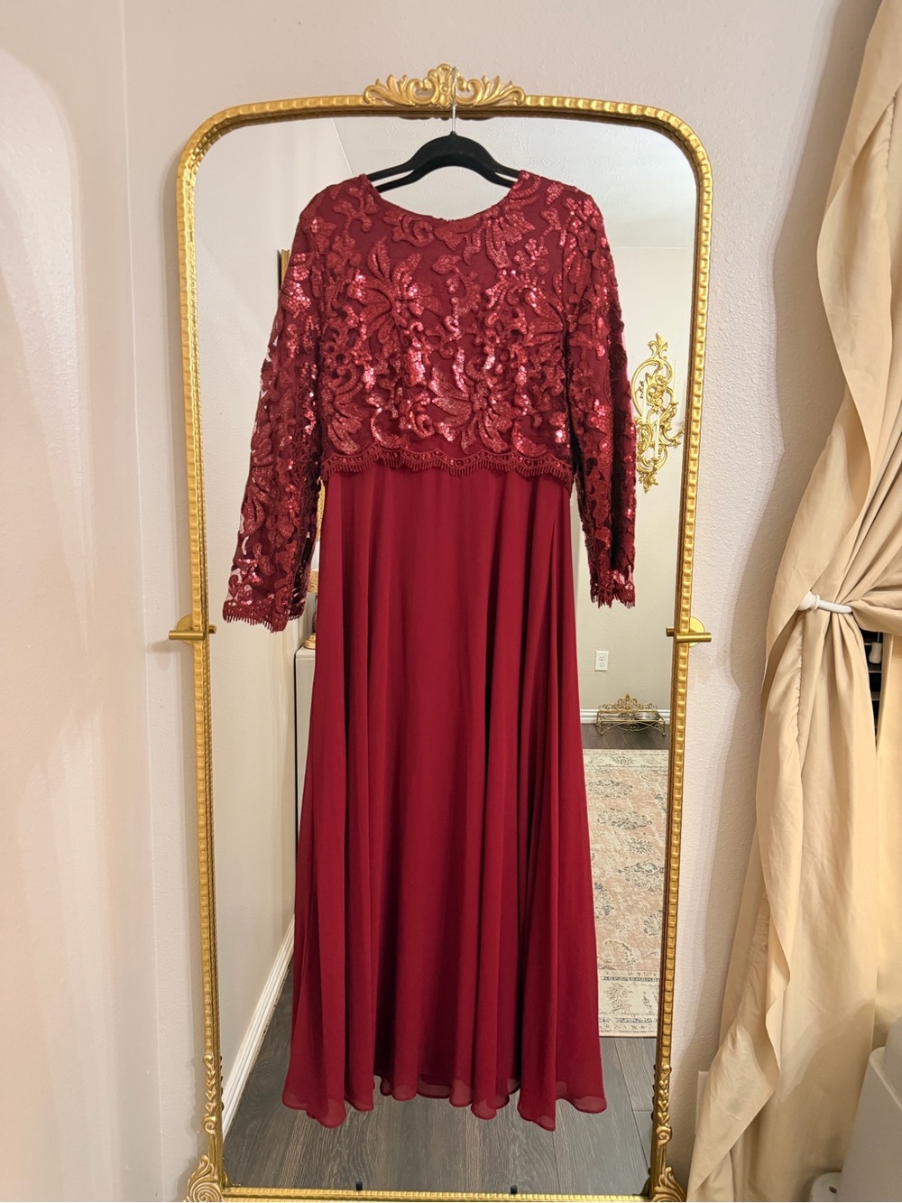 Dainty Jewells Wine Red Sequined Lace Maxi Dress